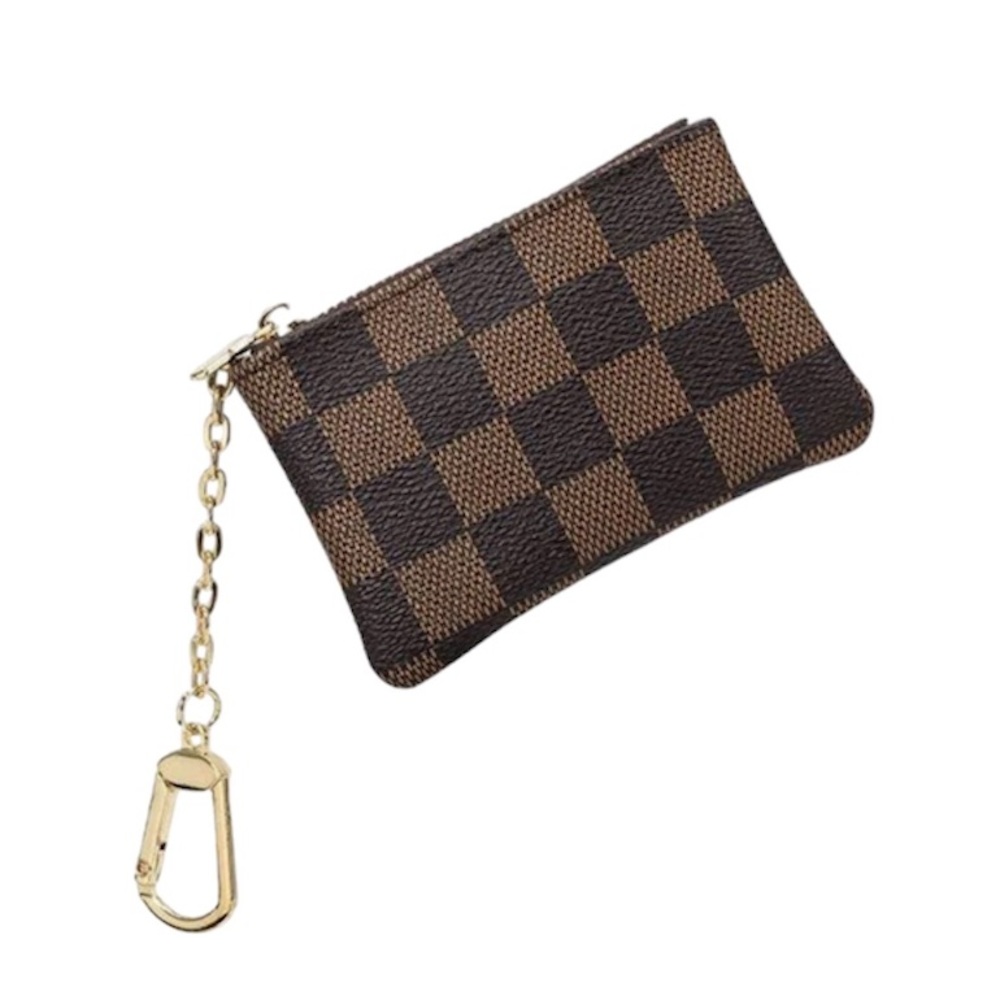 Brown Checkered Coin Pouch with Chain Wallet Key Holder